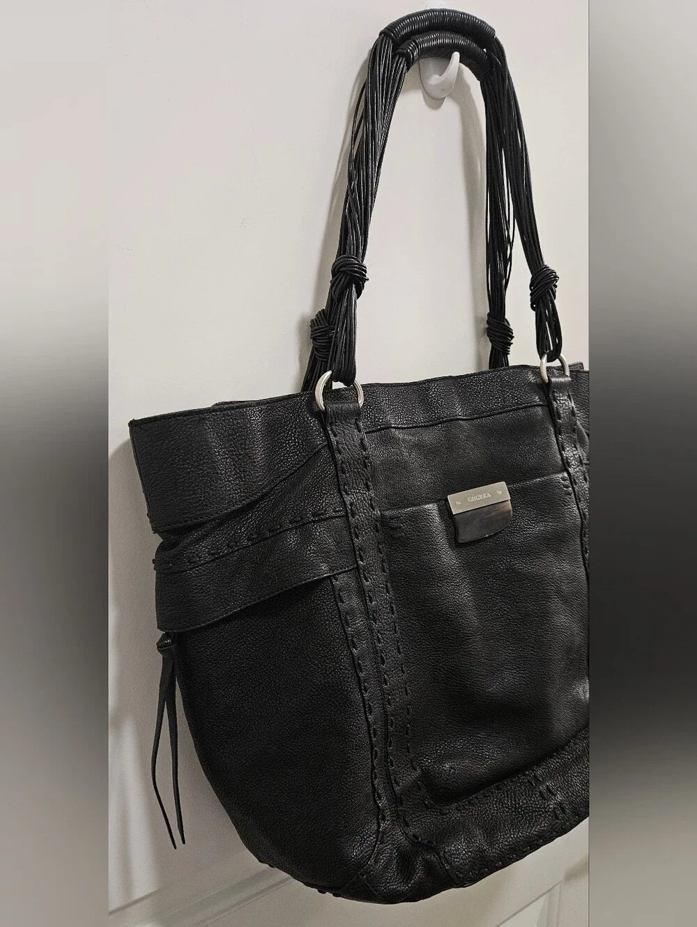 VTG Rare Ghurka Luxury Black Leather Shoulder Tote Bag with Buffalo Horn Accent